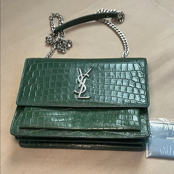 Yves Saint Laurent Dark Green Croc-Embossed Crossbody Bag - Picture 2 of 13